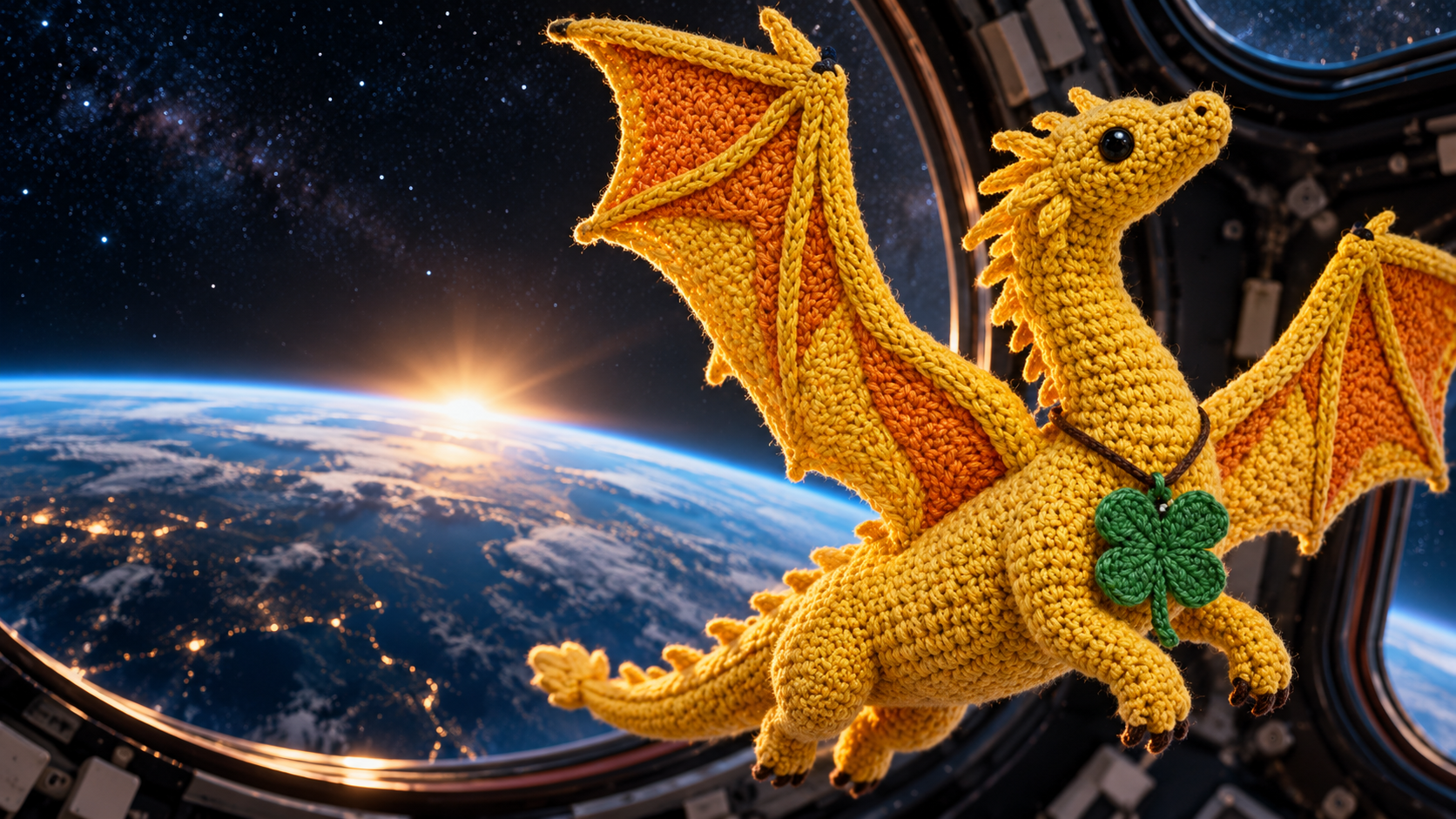 Golden crochet dragon Lucky floating above Earth inside a spacecraft